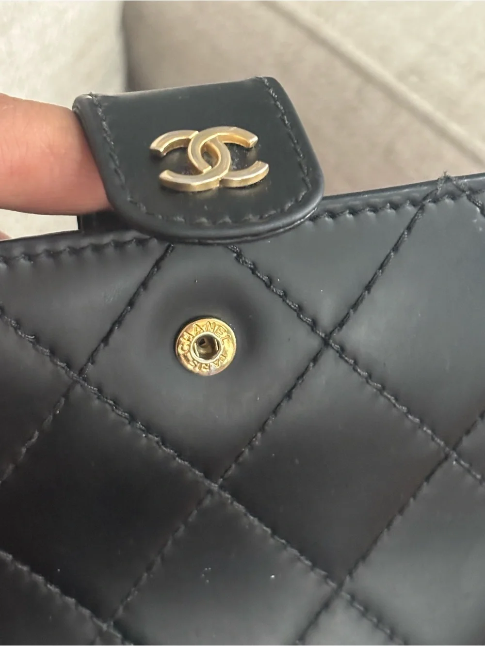 CHANEL Black Quilted Leather Wallet with Gold CC Snap